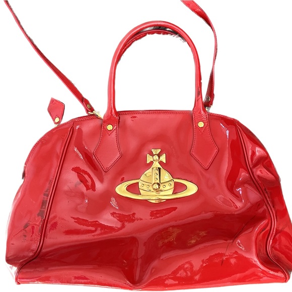 VIVIENNE WESTWOOD • RARE PATENT LEATHER CHERRY RED LARGE ZIP TOTE BAG - Picture 3 of 13